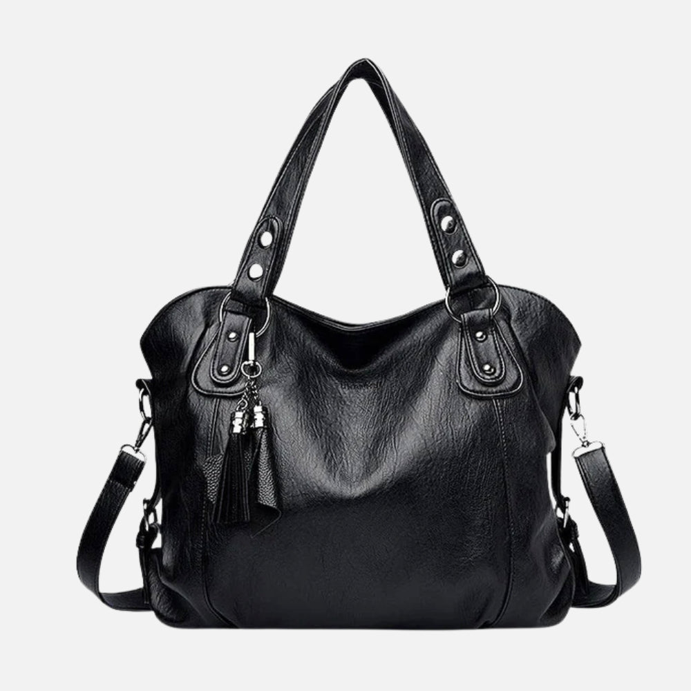 Large Leather Shoulder Bag with Tassel Zip and Stud Detail