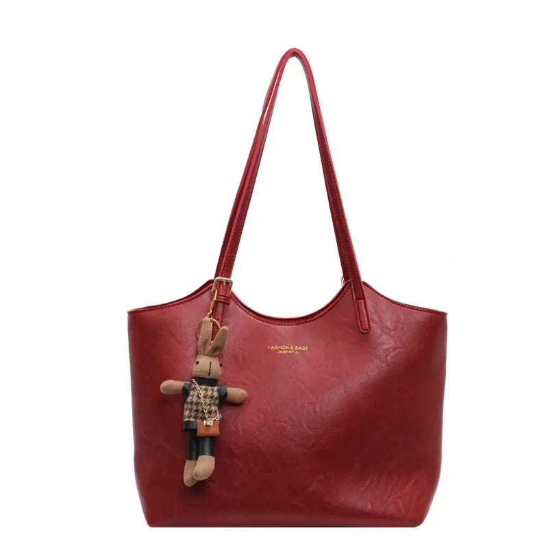 Large Leather Tote Bag with Teddy Bear Bag Charm