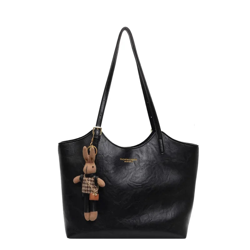 Large Leather Tote Bag with Teddy Bear Bag Charm