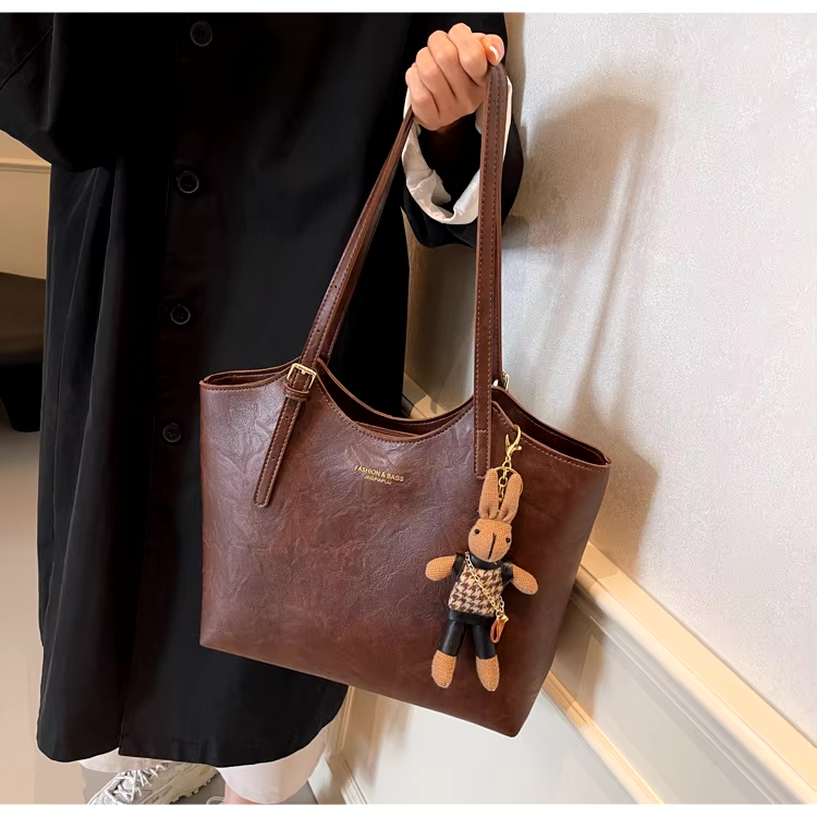 Large Leather Tote Bag with Teddy Bear Bag Charm