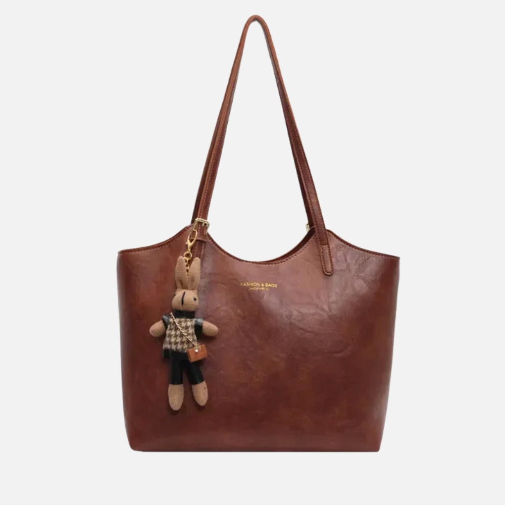 Large Leather Tote Bag with Teddy Bear Bag Charm