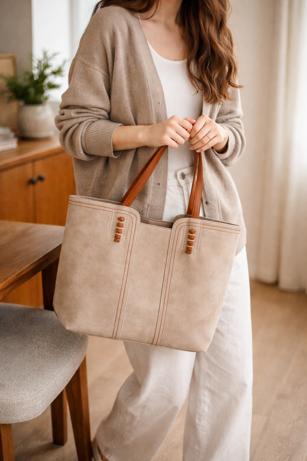 Large Suede Tote Bag with Contrast Stitching and Tan Handles