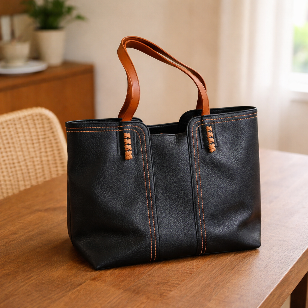 Large Suede Tote Bag with Contrast Stitching and Tan Handles