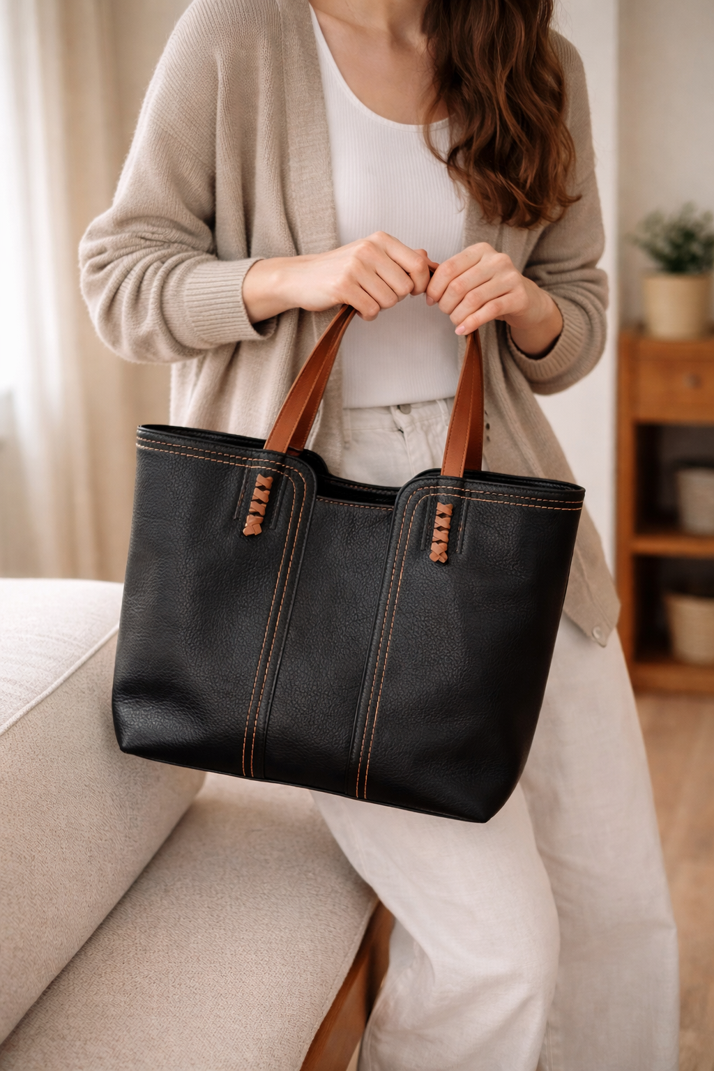 Large Suede Tote Bag with Contrast Stitching and Tan Handles