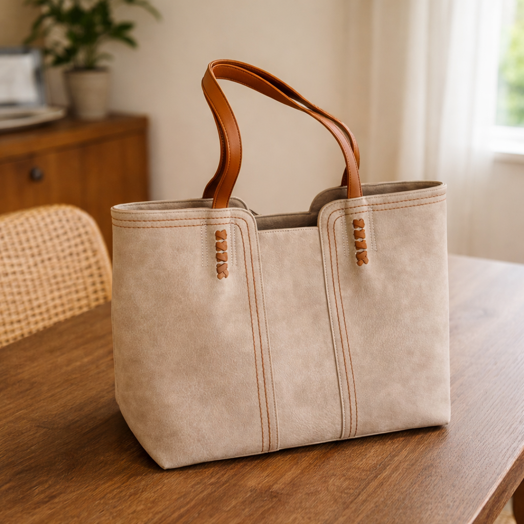 Large Suede Tote Bag with Contrast Stitching and Tan Handles