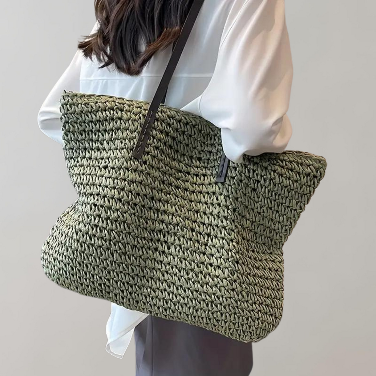 Large Woven Straw Tote Bag with Leather Handles