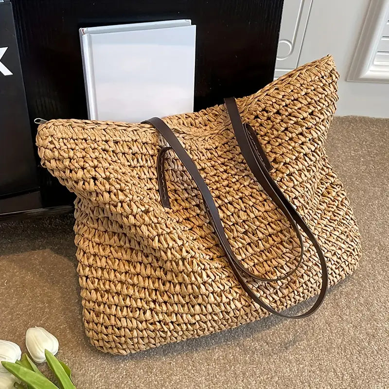 Large Woven Straw Tote Bag with Leather Handles
