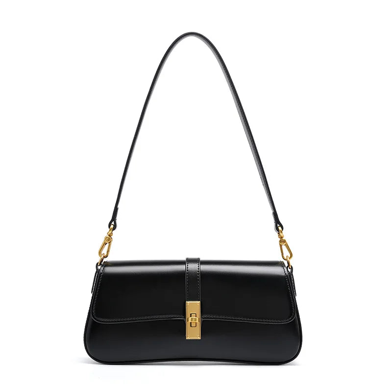 Leather Baguette Shoulder Bag with Gold Turn-Lock Clasp
