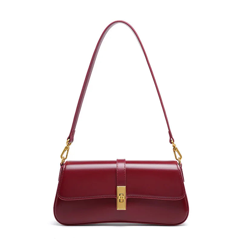 Leather Baguette Shoulder Bag with Gold Turn-Lock Clasp
