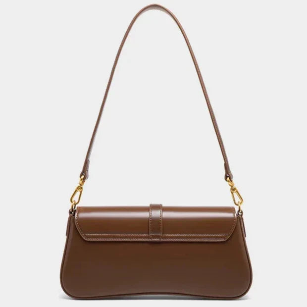 Leather Baguette Shoulder Bag with Gold Turn-Lock Clasp