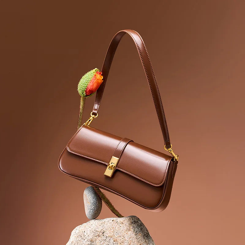 Leather Baguette Shoulder Bag with Gold Turn-Lock Clasp