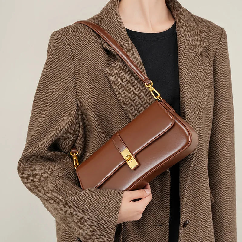 Leather Baguette Shoulder Bag with Gold Turn-Lock Clasp