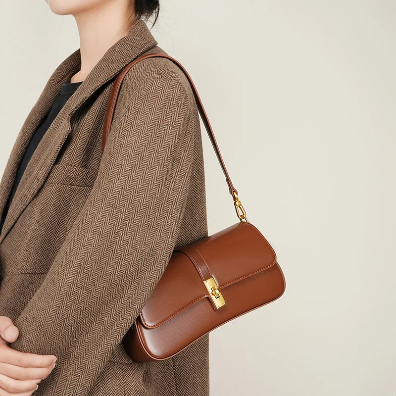 Leather Baguette Shoulder Bag with Gold Turn-Lock Clasp
