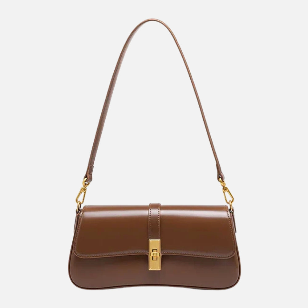 Leather Baguette Shoulder Bag with Gold Turn-Lock Clasp
