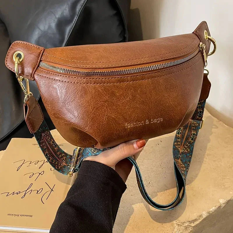 Leather Belt Bag with Wide Embroidered Crossbody Strap