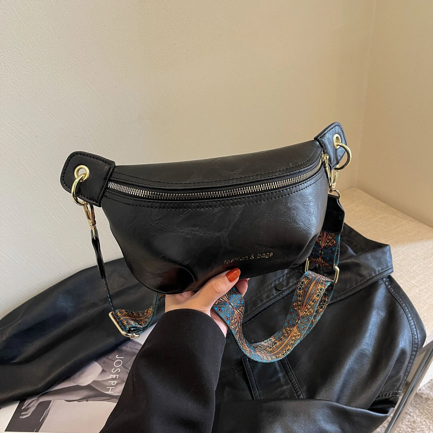 Leather Belt Bag with Wide Embroidered Crossbody Strap