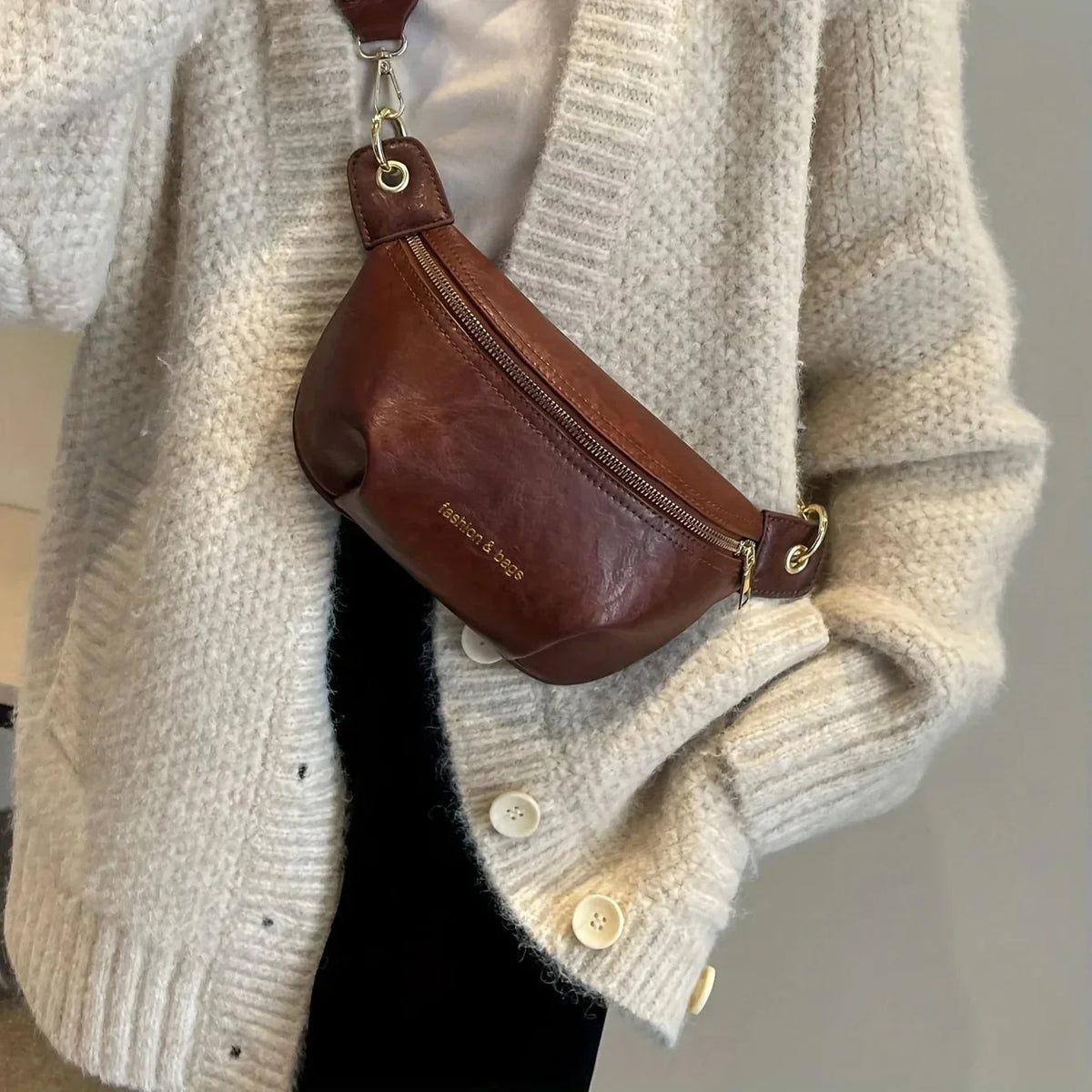 Leather Belt Bag with Wide Embroidered Crossbody Strap