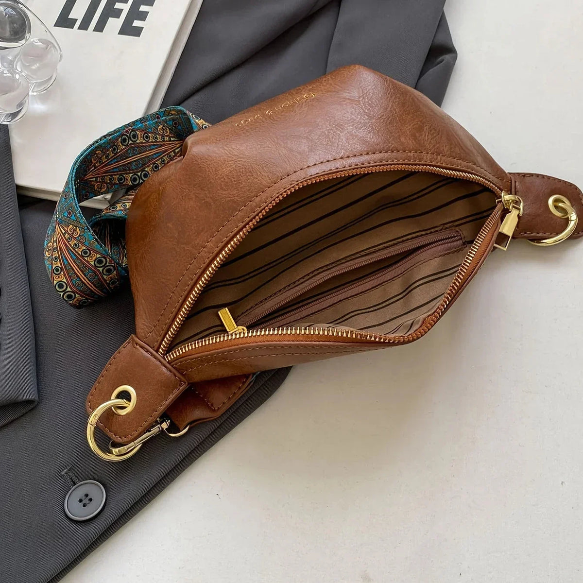Leather Belt Bag with Wide Embroidered Crossbody Strap