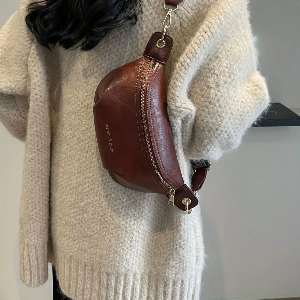 Leather Belt Bag with Wide Embroidered Crossbody Strap