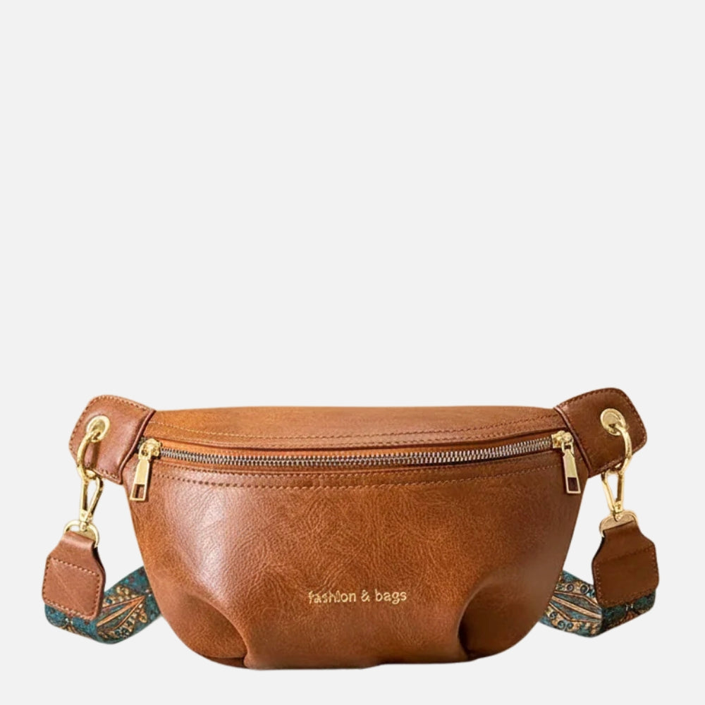 Leather Belt Bag with Wide Embroidered Crossbody Strap