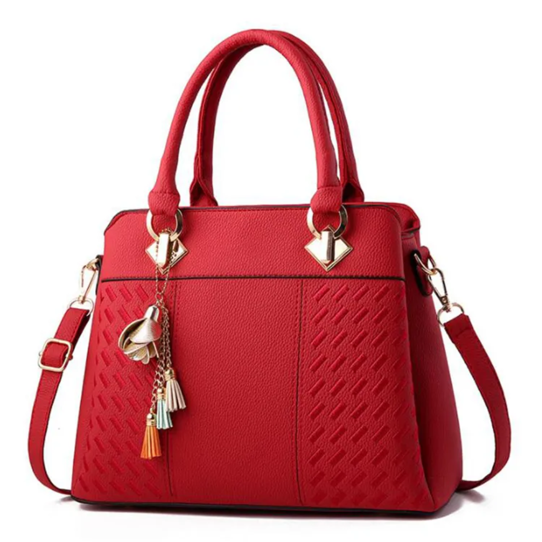 Leather Handbag with Embossed Weave Panel and Tassel Charm