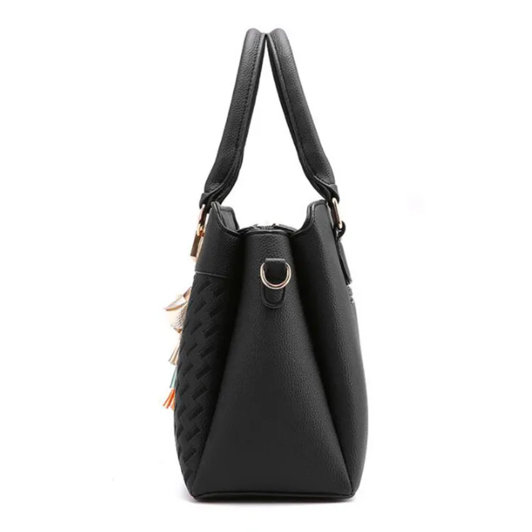 Leather Handbag with Embossed Weave Panel and Tassel Charm
