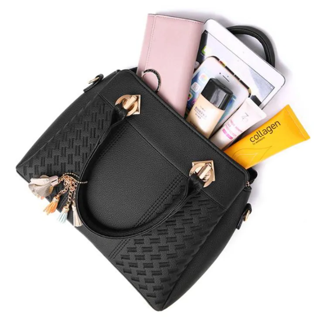 Leather Handbag with Embossed Weave Panel and Tassel Charm