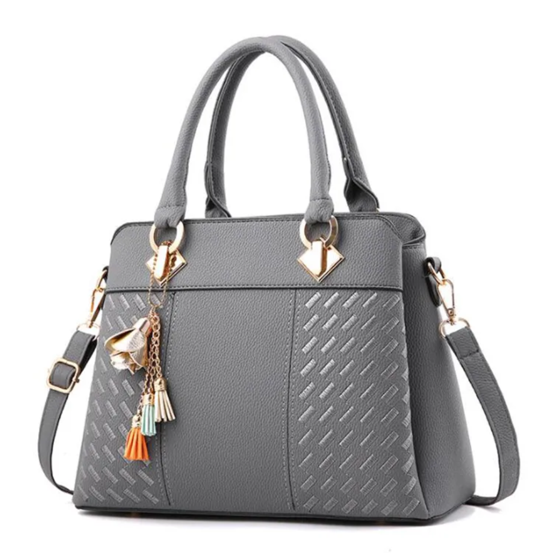 Leather Handbag with Embossed Weave Panel and Tassel Charm