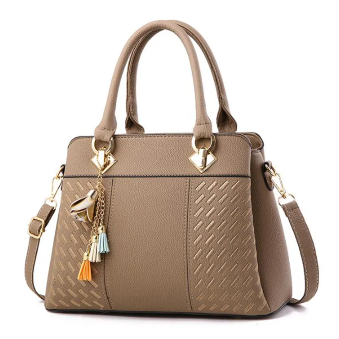 Leather Handbag with Embossed Weave Panel and Tassel Charm