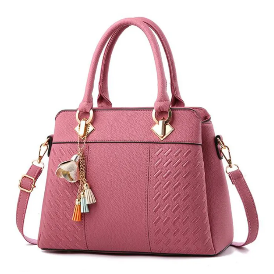 Leather Handbag with Embossed Weave Panel and Tassel Charm
