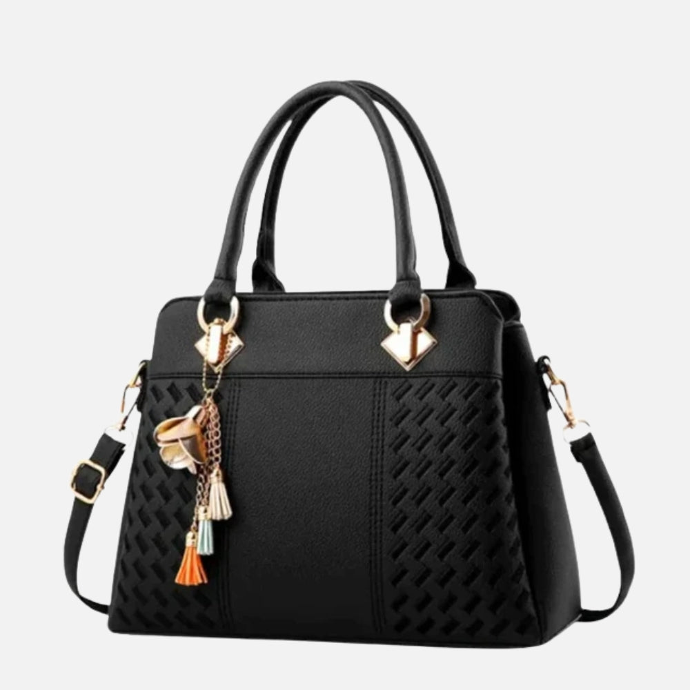 Leather Handbag with Embossed Weave Panel and Tassel Charm