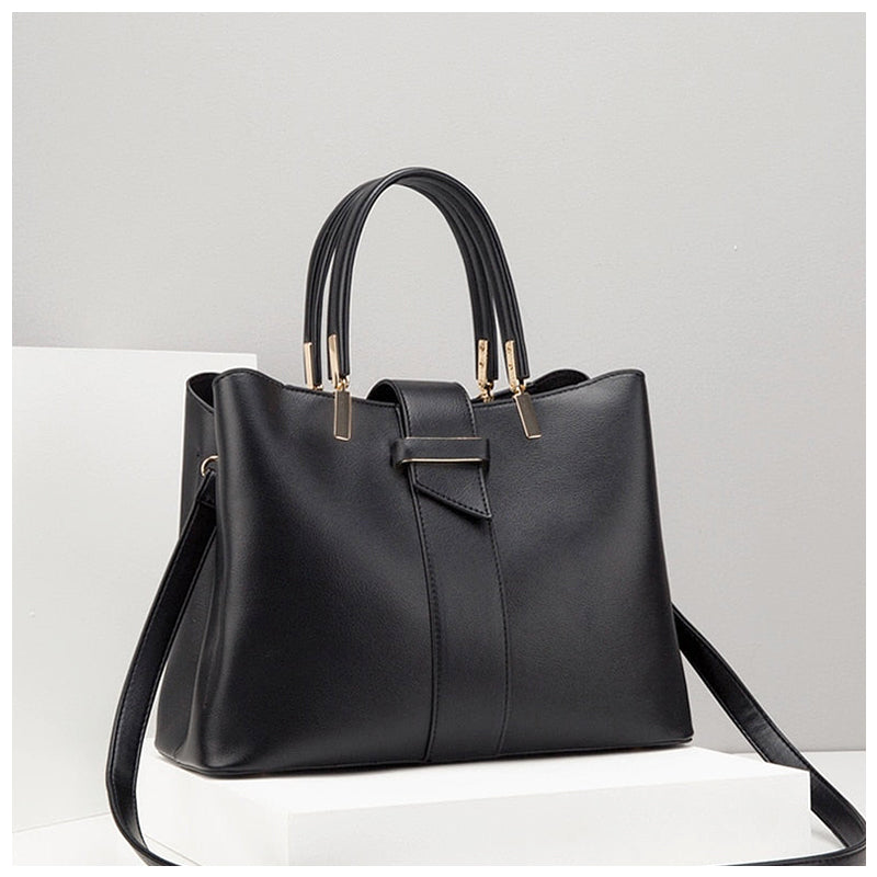 Leather Shoulder Bag with Centre Strap Detail and Gold Hardware