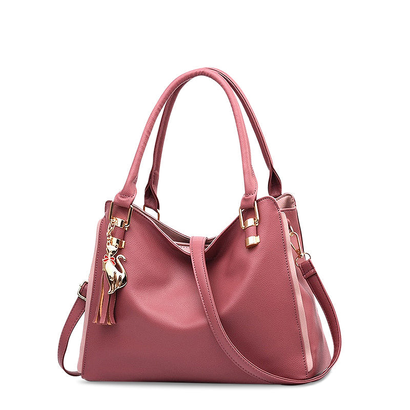 Leather Shoulder Bag with Contrast Trim and Charm Detail
