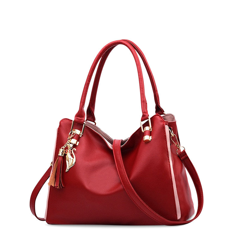 Leather Shoulder Bag with Contrast Trim and Charm Detail