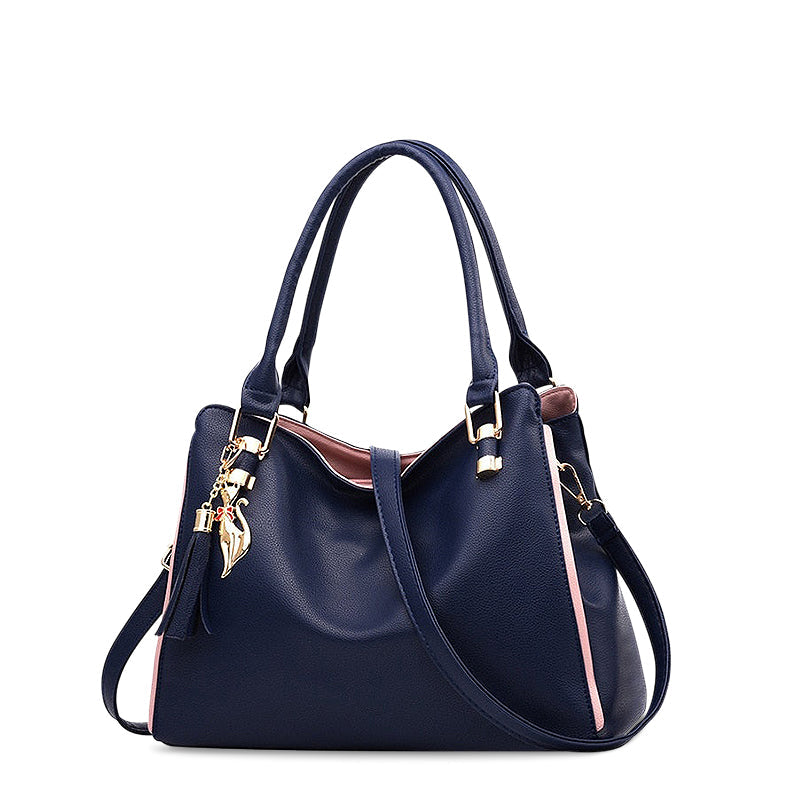 Leather Shoulder Bag with Contrast Trim and Charm Detail