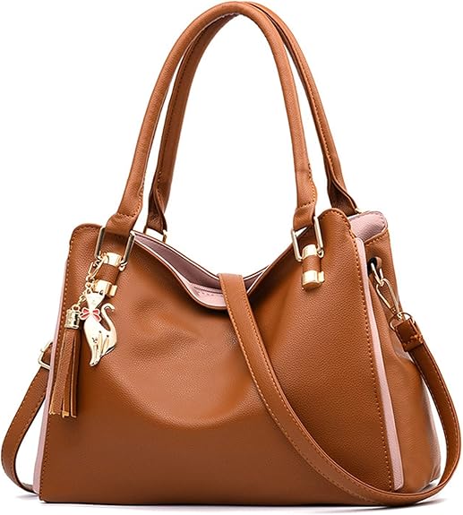 Leather Shoulder Bag with Contrast Trim and Charm Detail