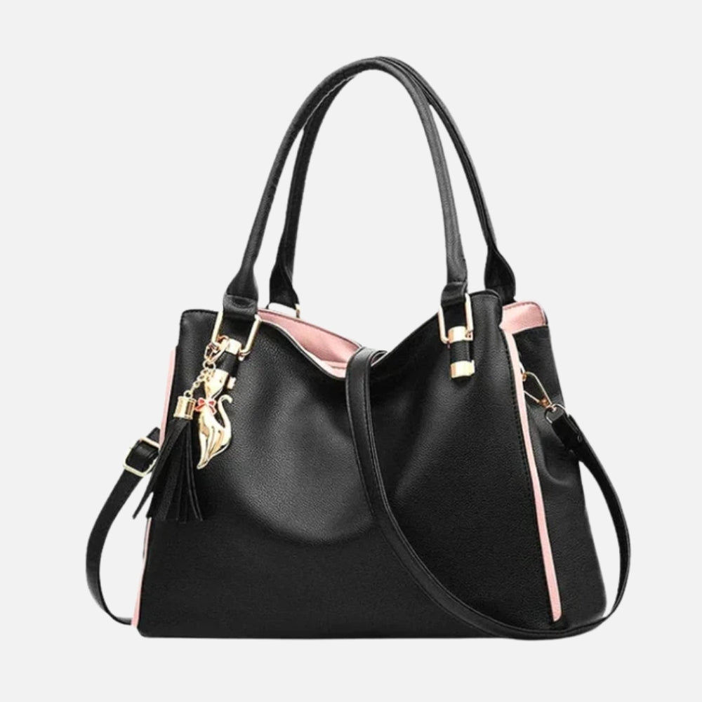 Leather Shoulder Bag with Contrast Trim and Charm Detail