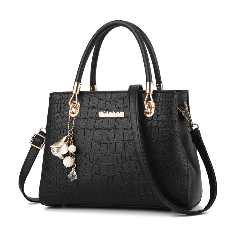 Leather Shoulder Bag with Crocodile Embossed Detail and Gold Hardware