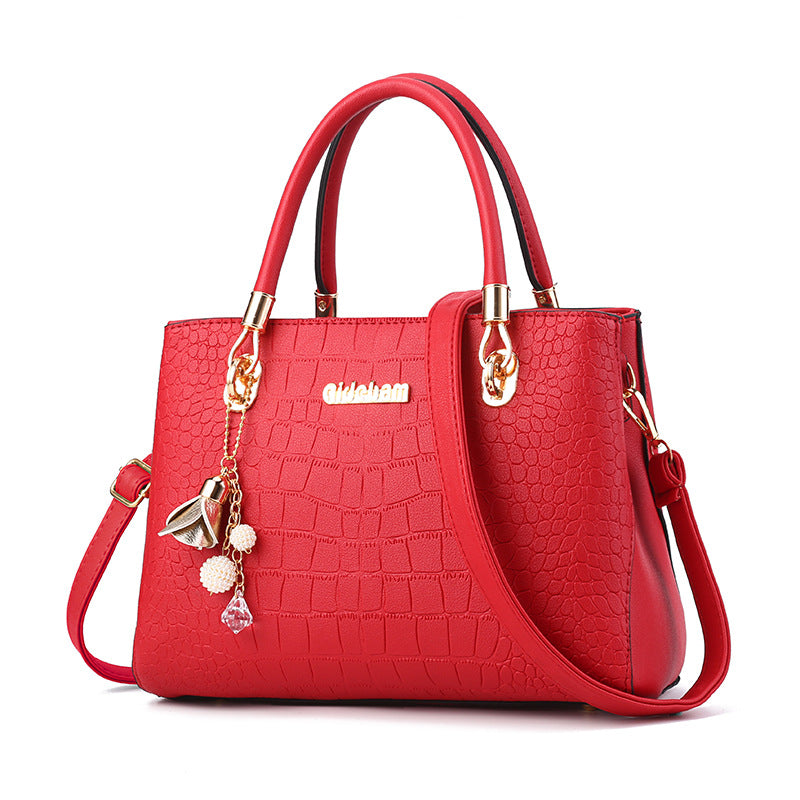 Leather Shoulder Bag with Crocodile Embossed Detail and Gold Hardware