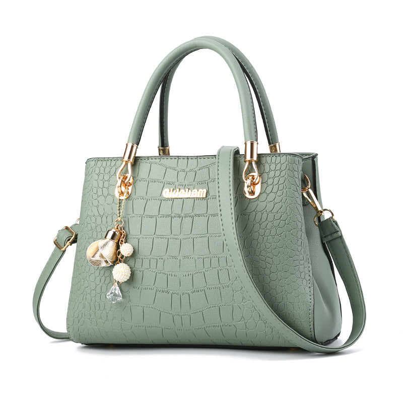 Leather Shoulder Bag with Crocodile Embossed Detail and Gold Hardware