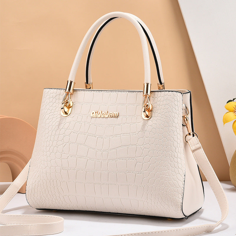 Leather Shoulder Bag with Crocodile Embossed Detail and Gold Hardware