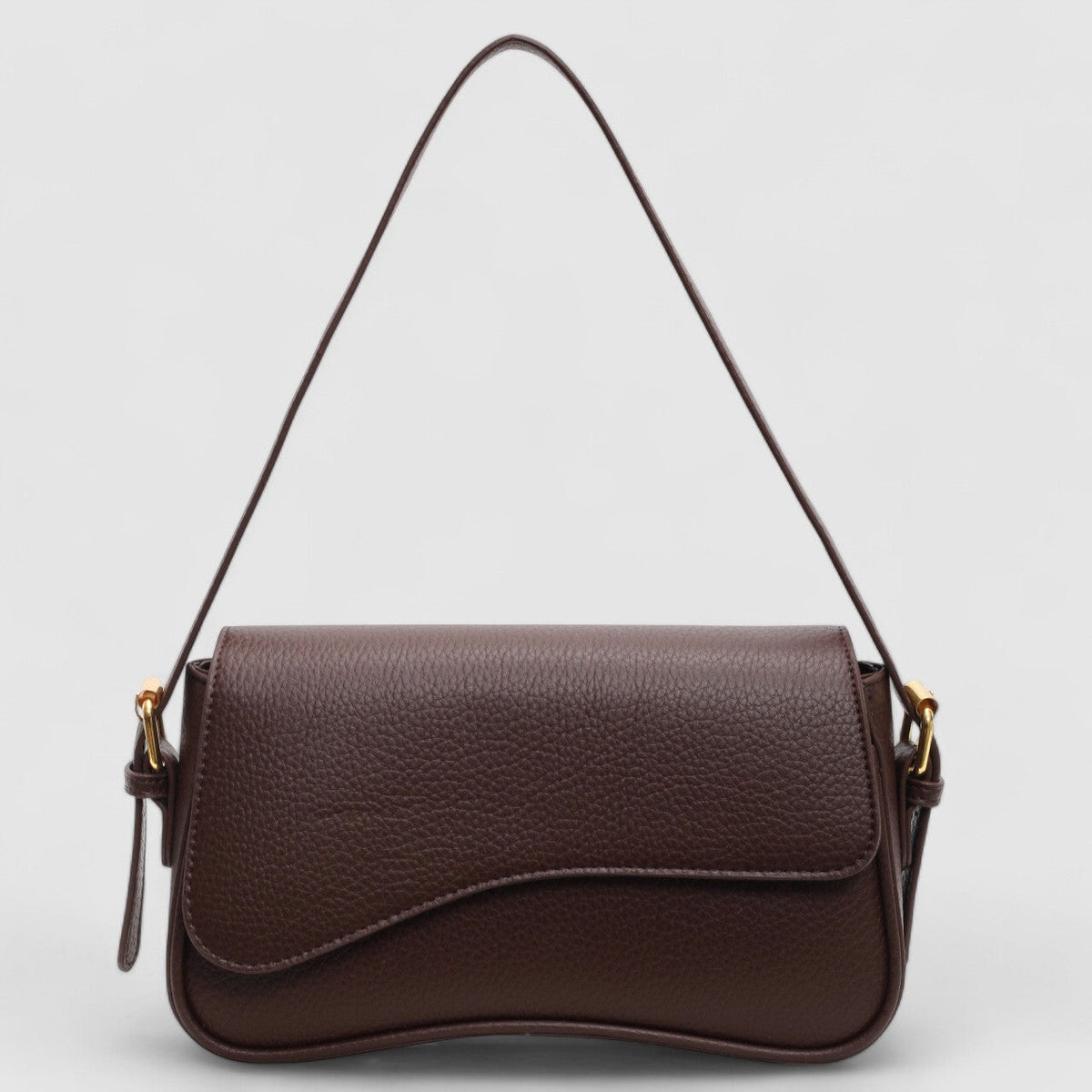 Leather Shoulder Bag with Curved Flap and Gold Hardware