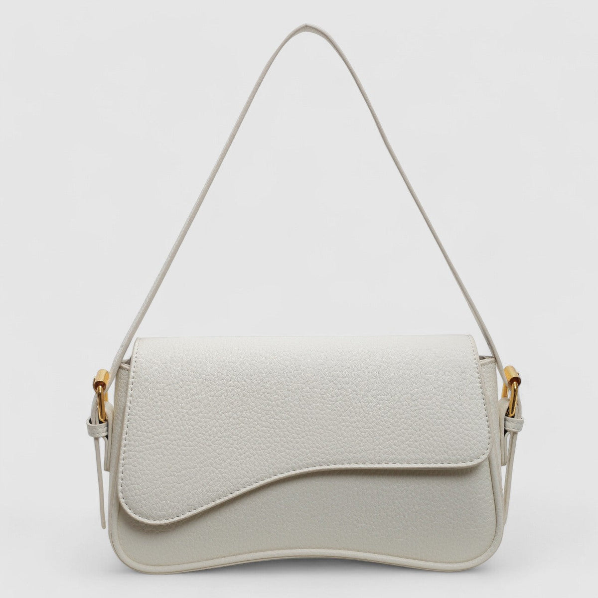 Leather Shoulder Bag with Curved Flap and Gold Hardware