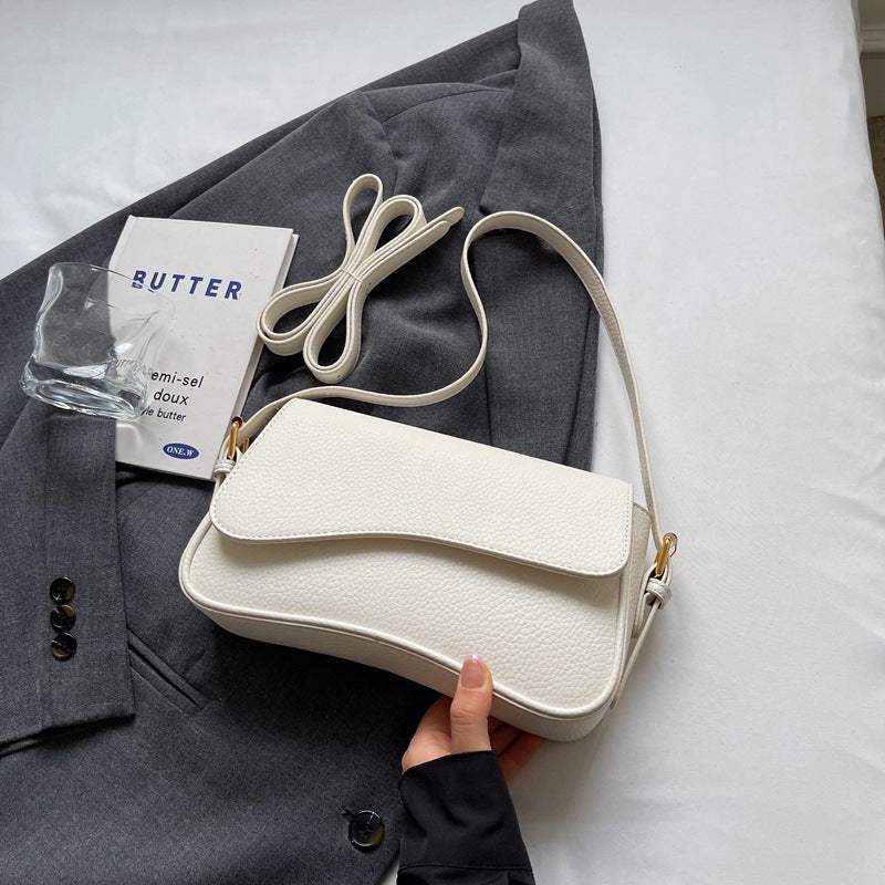 Leather Shoulder Bag with Curved Flap and Gold Hardware