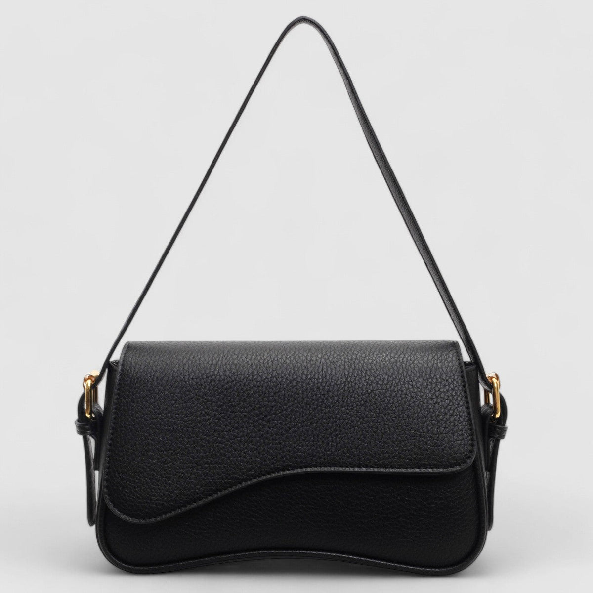 Leather Shoulder Bag with Curved Flap and Gold Hardware