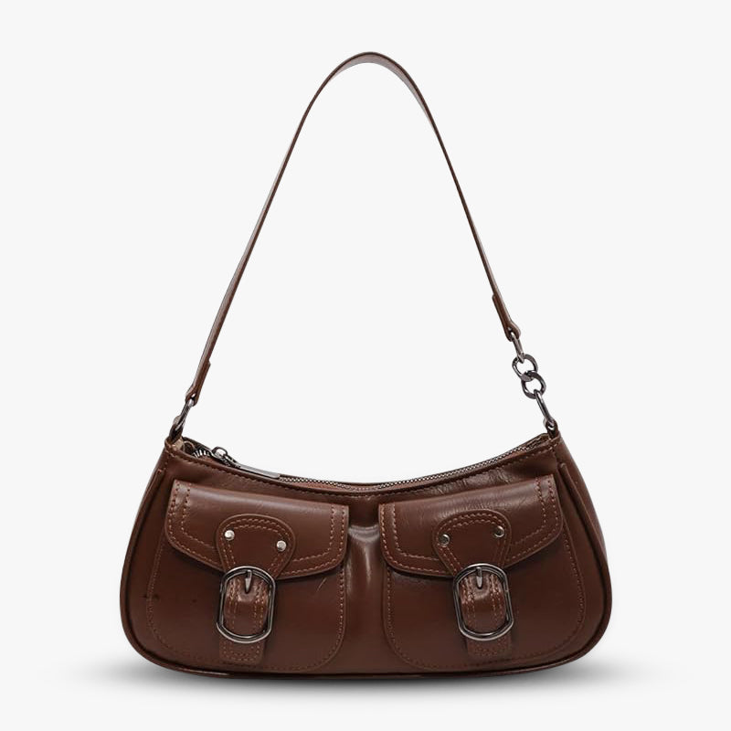 Leather Shoulder Bag with Double Front Buckle Pockets