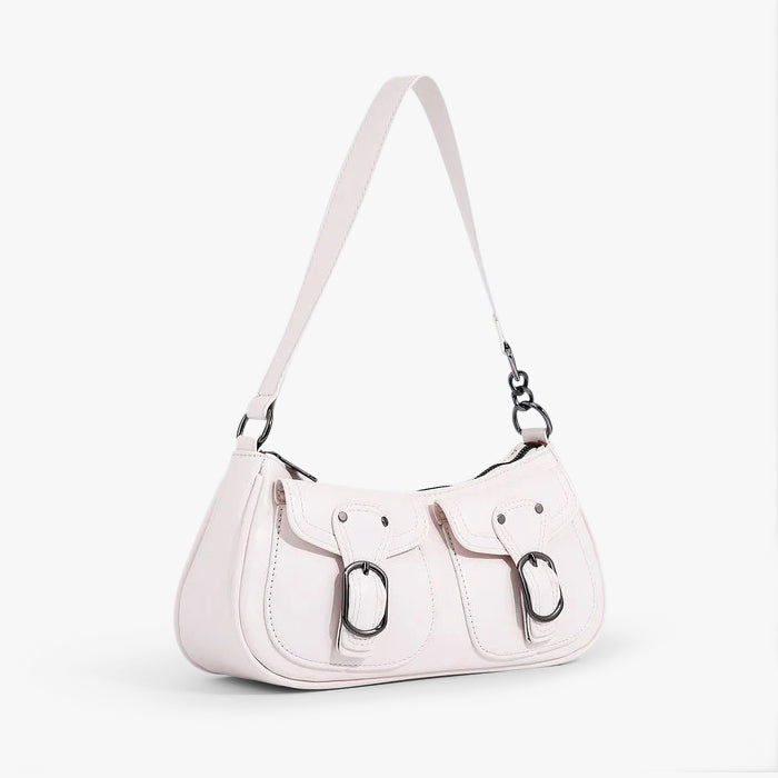 Leather Shoulder Bag with Double Front Buckle Pockets