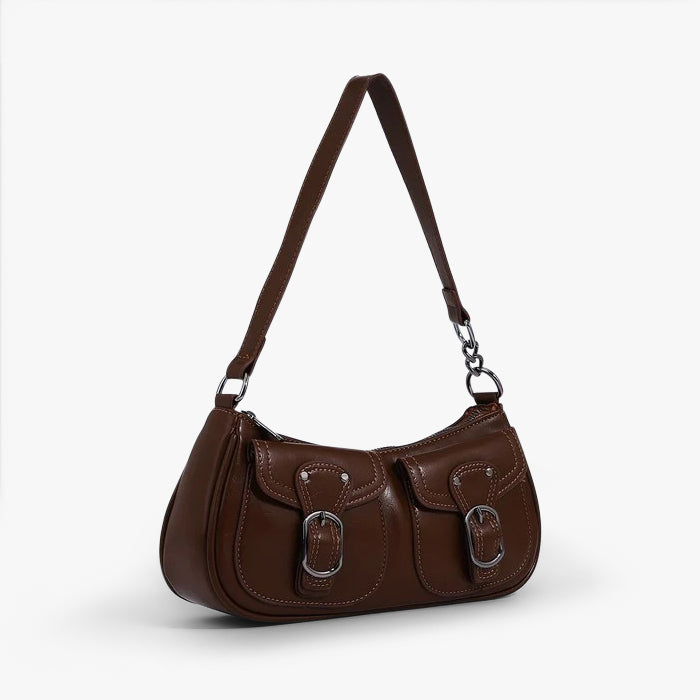 Leather Shoulder Bag with Double Front Buckle Pockets