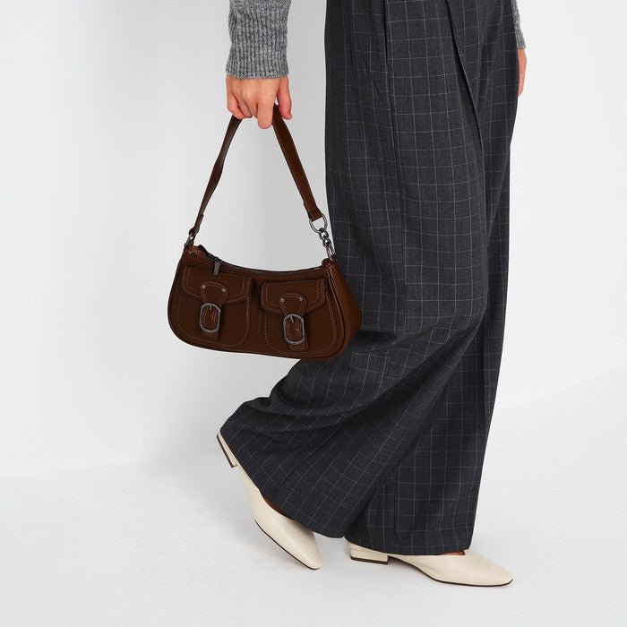 Leather Shoulder Bag with Double Front Buckle Pockets