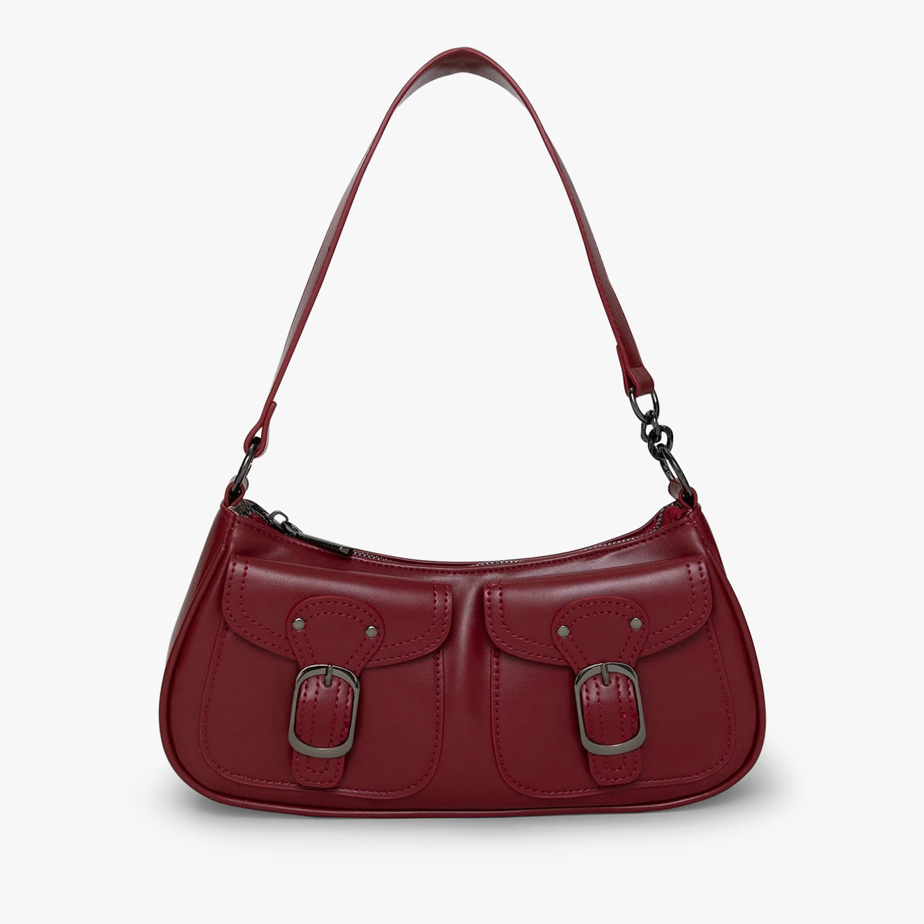 Leather Shoulder Bag with Double Front Buckle Pockets